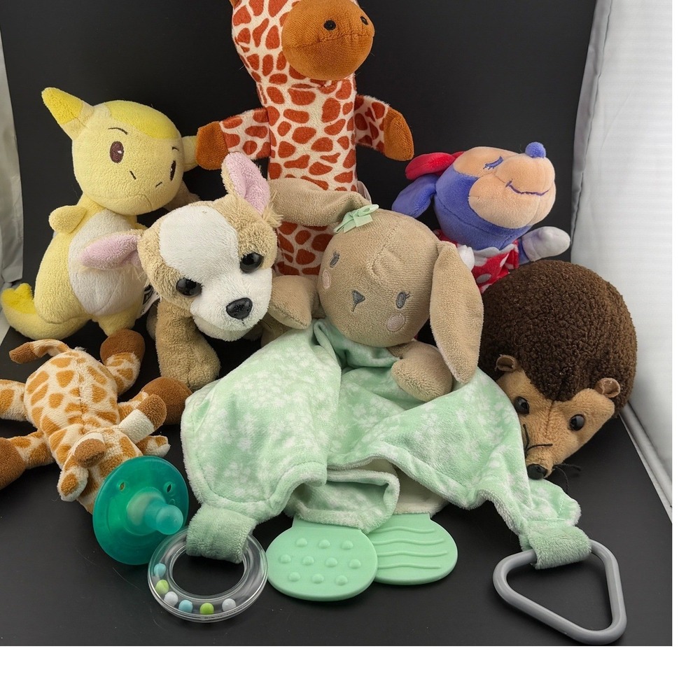 Baby Plush Toy Lot 7pc: Giraffe, Bunny, Hedgehog, Minnie Mouse, Teethers Rattles